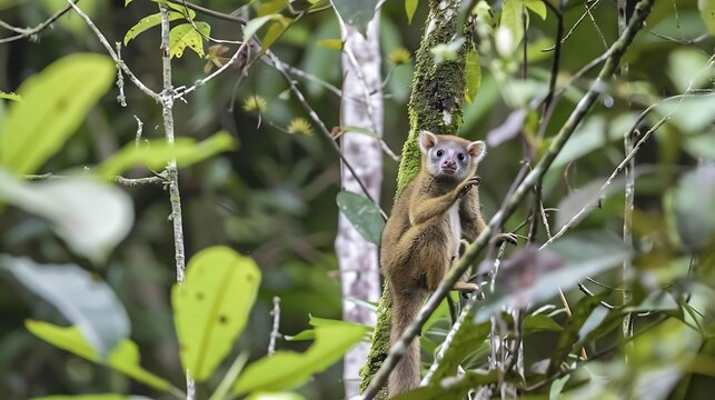 Kinkajou Potos flavus climbing through the trees of the Amazon rainforest