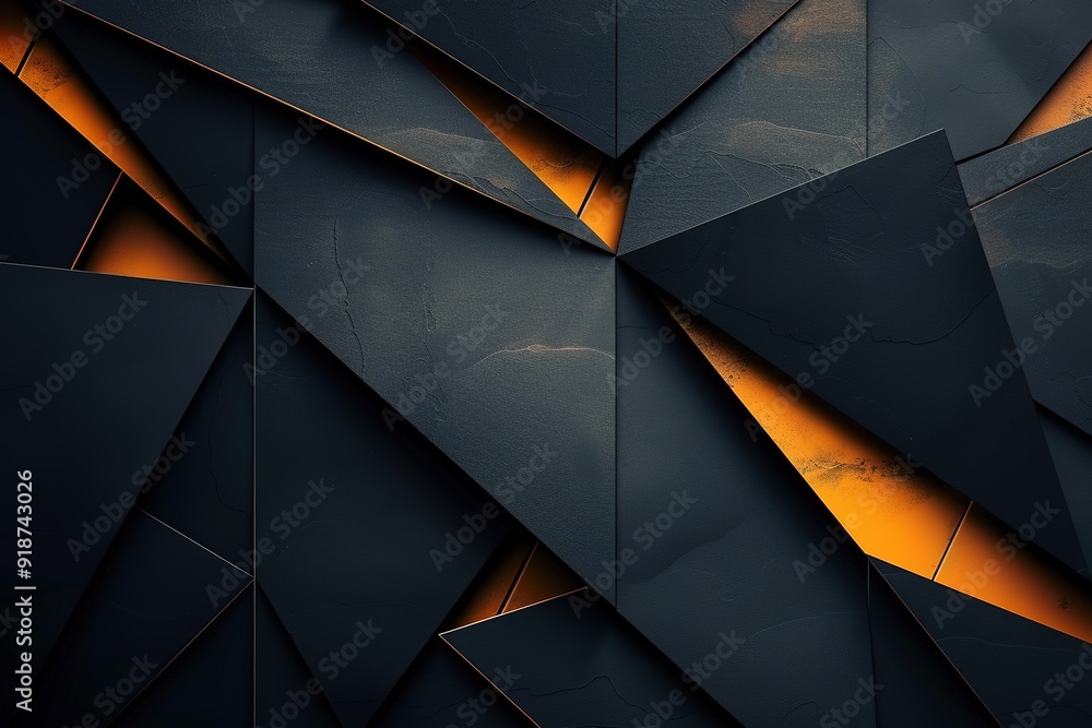 Fototapete abstract geometric pattern with dark grey and orange triangles.