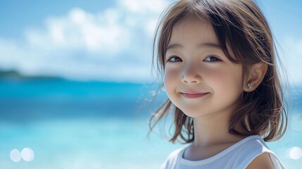 海と青空の背景、笑顔のかわいい女の子の横顔