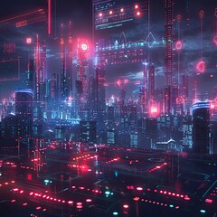 Obraz premium Futuristic cityscape with neon lights, digital interfaces, and towering skyscrapers in a cyberpunk theme.