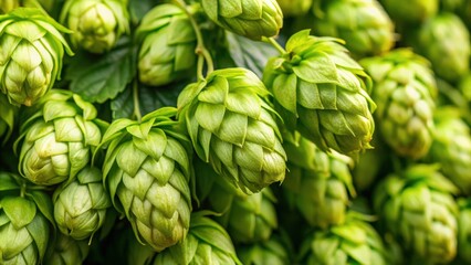 Fototapeta premium Close up of fresh hops, beer, ingredient, brewery, brewing, agriculture, plant, farm, organic, green, leaves, cones, aromas, hoppy