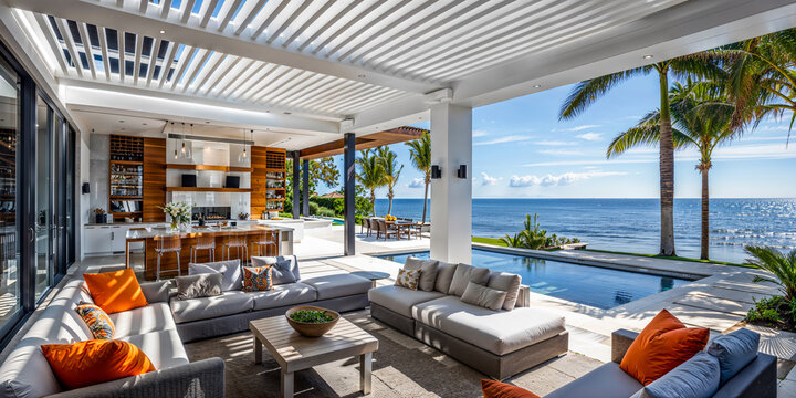 Coastal style Florida patio with kitchen, luxury home, outdoor architectural design, ocean waterfront view