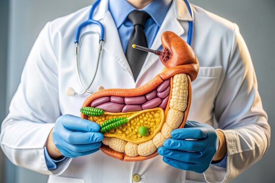 A medical professional examines a detailed anatomical model of the human pancreas, highlighting the pancreas, gallbladder, bile duct, duodenum, and small intestine in relation to digestive health.