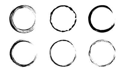 Grunge circles brush set. Black circle frames. Round line of black paint. Grunge round shapes. Circular ink brush stroke fro design elements. Vector illustration.