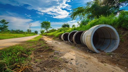 Obraz premium Concrete Pipes by the Roadside