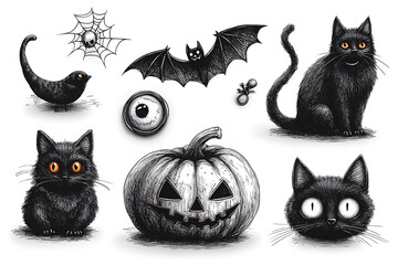 A humorous set of pencil-drawn Halloween stickers featuring  .The playful and quirky designs are perfect for Halloween-themed projects