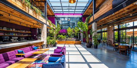 Courtyard lounge urban dining area, wood, concrete, green and purple, plants, skylight