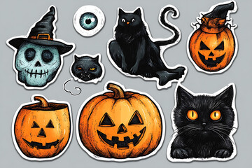 A humorous set of pencil-drawn Halloween stickers featuring  .The playful and quirky designs are perfect for Halloween-themed projects