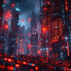 Fototapeta premium Futuristic cyberpunk cityscape illuminated with red and blue neon lights, showcasing dense skyscrapers and high-tech architecture.