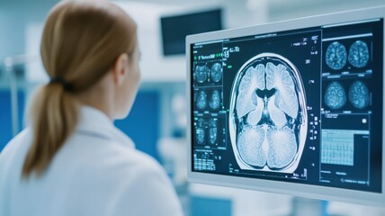Medical professional examines brain scan on computer monitor in modern healthcare environment.