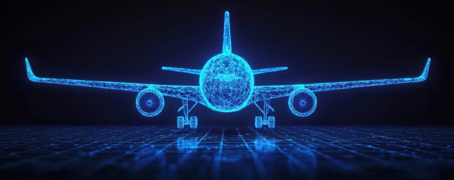 Digital illustration of a futuristic airplane design, showcasing a glowing wireframe structure on a dark background.