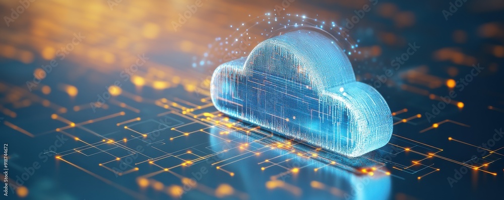 Poster futuristic cloud technology concept with digital circuits and vibrant lights illustrating data stora