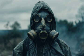A person wearing a gas mask stands in a rural landscape, possibly as part of a protest or demonstration