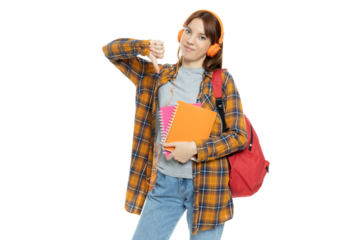 PNG, girl with books in her hands, isolated on white background
