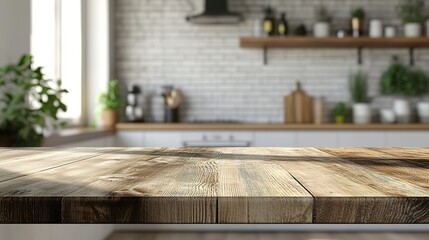 Wooden Tabletop in a Blurred Kitchen Setting