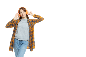 PNG, girl listens to music in headphones, isolated on white background