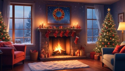 festive Christmas background with cozy living room view, burning fireplace, stockings hanging on the mantle, and large window showing falling snowflakes, copy space on the left, ai