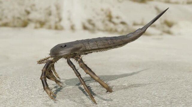An animation of prehistoric Eurypterid Kokomopterus (Sea Scorpion) walking on a Silurian Period tidal flat 418 million years ago. Eurypterids are extinct arthropod ancestors of spiders,