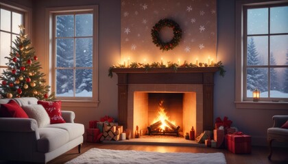 Fototapeta premium festive Christmas background with cozy living room view, burning fireplace, stockings hanging on the mantle, and large window showing falling snowflakes, copy space on the left, ai