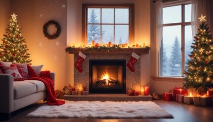 festive Christmas background with cozy living room view, burning fireplace, stockings hanging on the mantle, and large window showing falling snowflakes, copy space on the left, ai