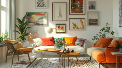 A bright living room with a mix of modern and vintage furniture, colorful throw pillows, and a gallery wall of art