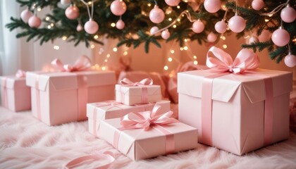 merry christmas background with a close-up of beautifully wrapped gifts under a decorated tree, soft fairy lights in the background, copy space above, high detail, soft pink, ai