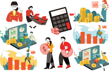Obraz premium a collection of finance Tech with people and a pile of money.