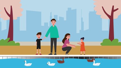 Happy family with kids in city park, feeding ducks in pond water cartoon animation - Powered by Adobe