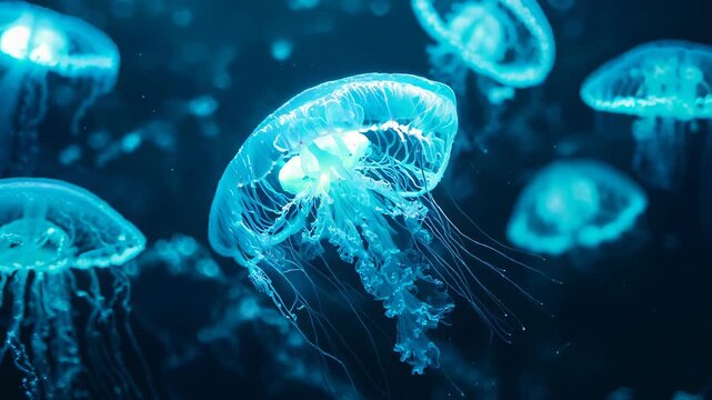 Bioluminescent jellyfish drift in dark ocean depths. Ethereal blue glow illuminates their translucent bodies. Graceful movements create a mesmerizing underwater ballet.	