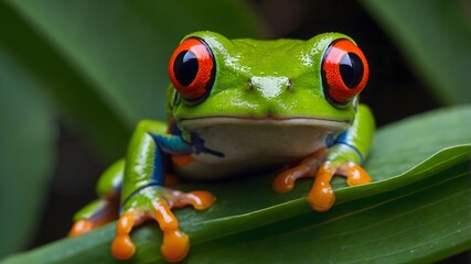Red-eyed tree frog closeup on green leaves, Red-eyed tree frog (Agalychnis callidryas). Exotic animal of rain forest.