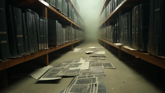 Large warehouse of archival dusty documents. Rows of archival boxes stretch endlessly, creating a maze of history just waiting to be rediscovered and preserved.