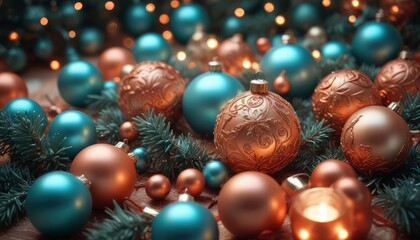 festive Christmas decorations, high detail, soft teal and terracotta color scheme, volumetric lighting, dimensional 3D illumination, ai
