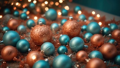 festive Christmas decorations, high detail, soft teal and terracotta color scheme, volumetric lighting, dimensional 3D illumination, ai