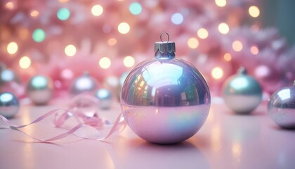 Obraz premium merry christmas decoration, high detail, pastel, soft tones, iridescent style, bright and reflective atmosphere light effects, holographic background, ai