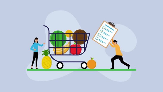 Customer buying food products with checklist cartoon animation