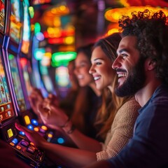 A group of friends enjoy a fun night out at the casino playing the slot machines