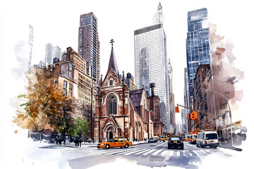 Watercolor cityscape with vintage church amidst New York buildings.