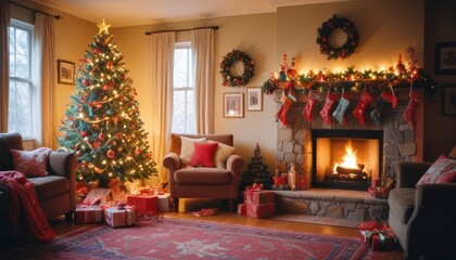 bright and cheerful Christmas living room decorated with colorful ribbons, big tree and cozy atmosphere, high detail, bright color palette, blurry, dim colors, ai