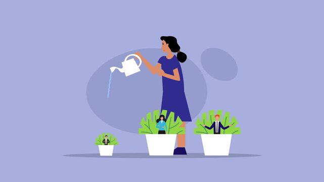 Female HRD manager mentoring and growing employees cartoon animation