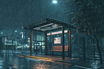 Empty bus stop with rain pouring down. Streetlights casting a soft glow, cozy vibe, Generative AI 