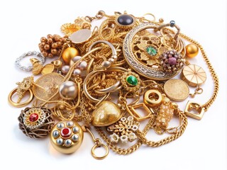 Obraz premium Assorted old and broken golden jewelry pieces, including chains, earrings, and pendants, scattered on a white background, awaiting appraisal and sale.