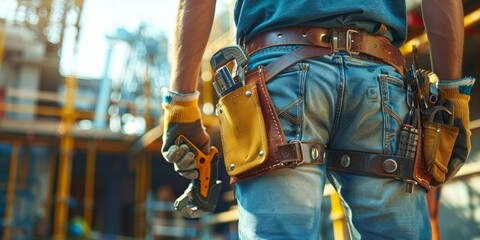 Construction Worker with Tool Belt at a Building Site During Daytime Work