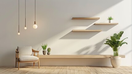 Minimalist living room with floating shelves and a single armchair