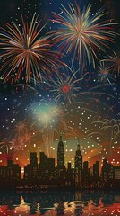 New Years card with a city skyline and fireworks an open area for text at the top
