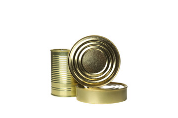 PNG, three cans of gold cans, isolated on white background.