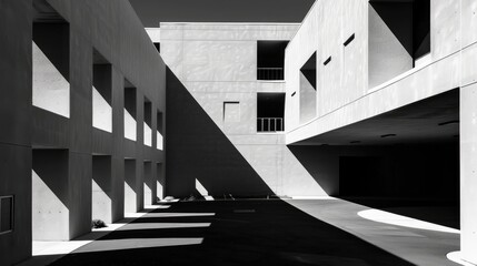 Minimalist white concrete building with geometric cutouts and shadows