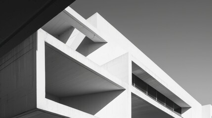 Fototapeta premium Minimalist white concrete building with geometric cutouts and shadows