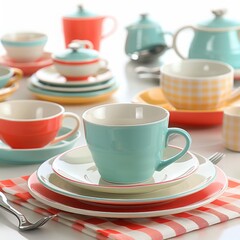 Fototapeta premium Colorful ceramic dinnerware set featuring cups and plates arranged on a table, perfect for a cheerful dining experience.