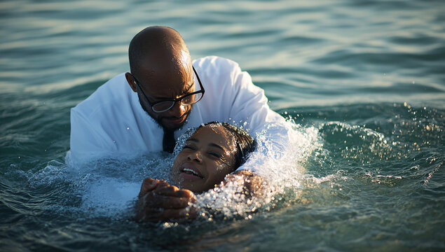 African American priest performing baptism in ocean's embrace.