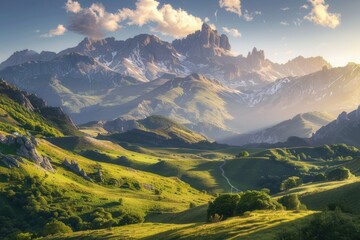 Fototapeta premium A sunny mountain valley with green trees and rolling hills